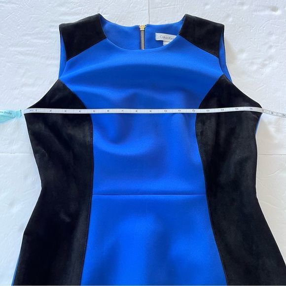 Calvin Klein Blue Scuba Knit Black Faux Suede Colorblock Sleeveless Sheath Dress - Picture 8 of 11